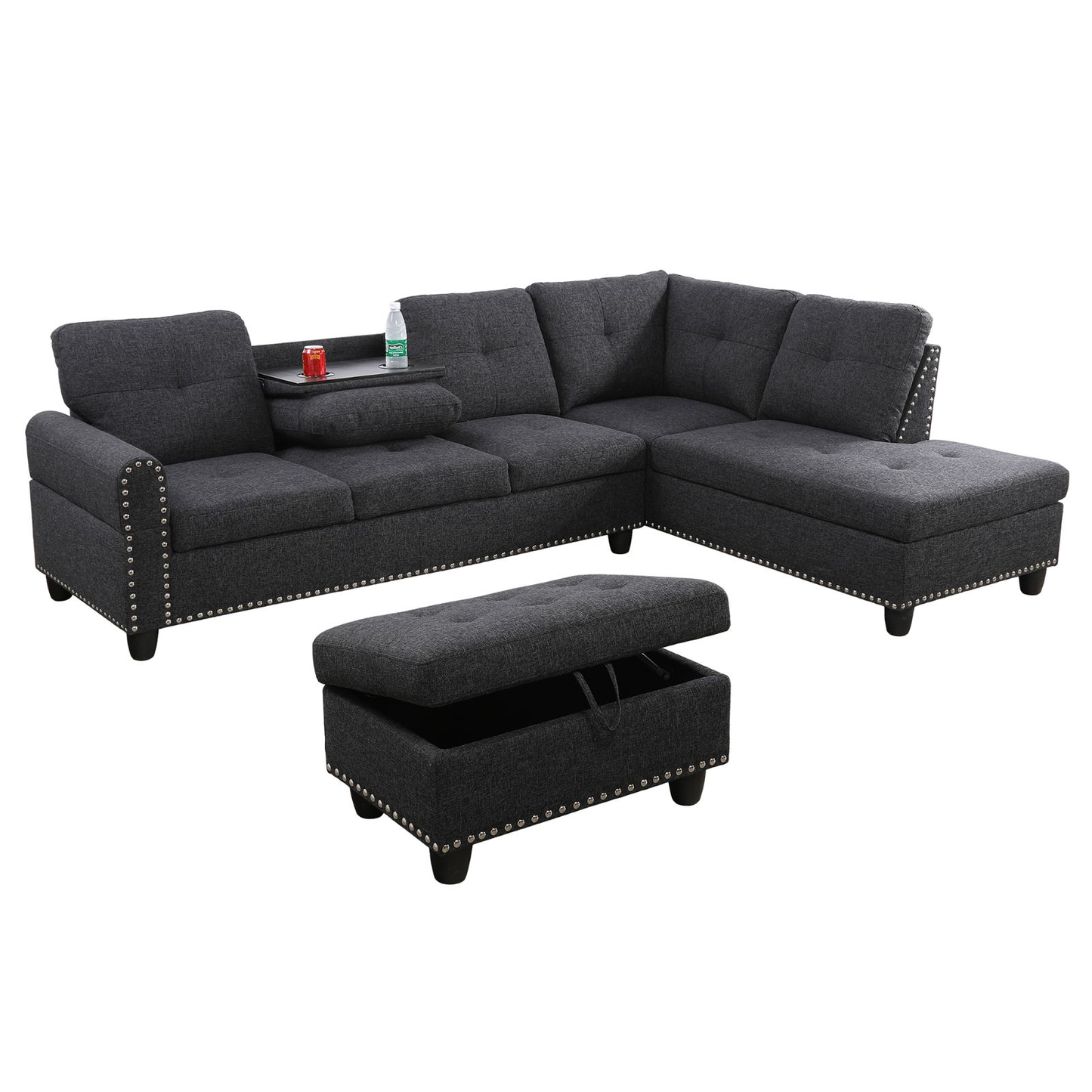 Black Grey Linen 3-Piece Sofa Living Room Sofa Set