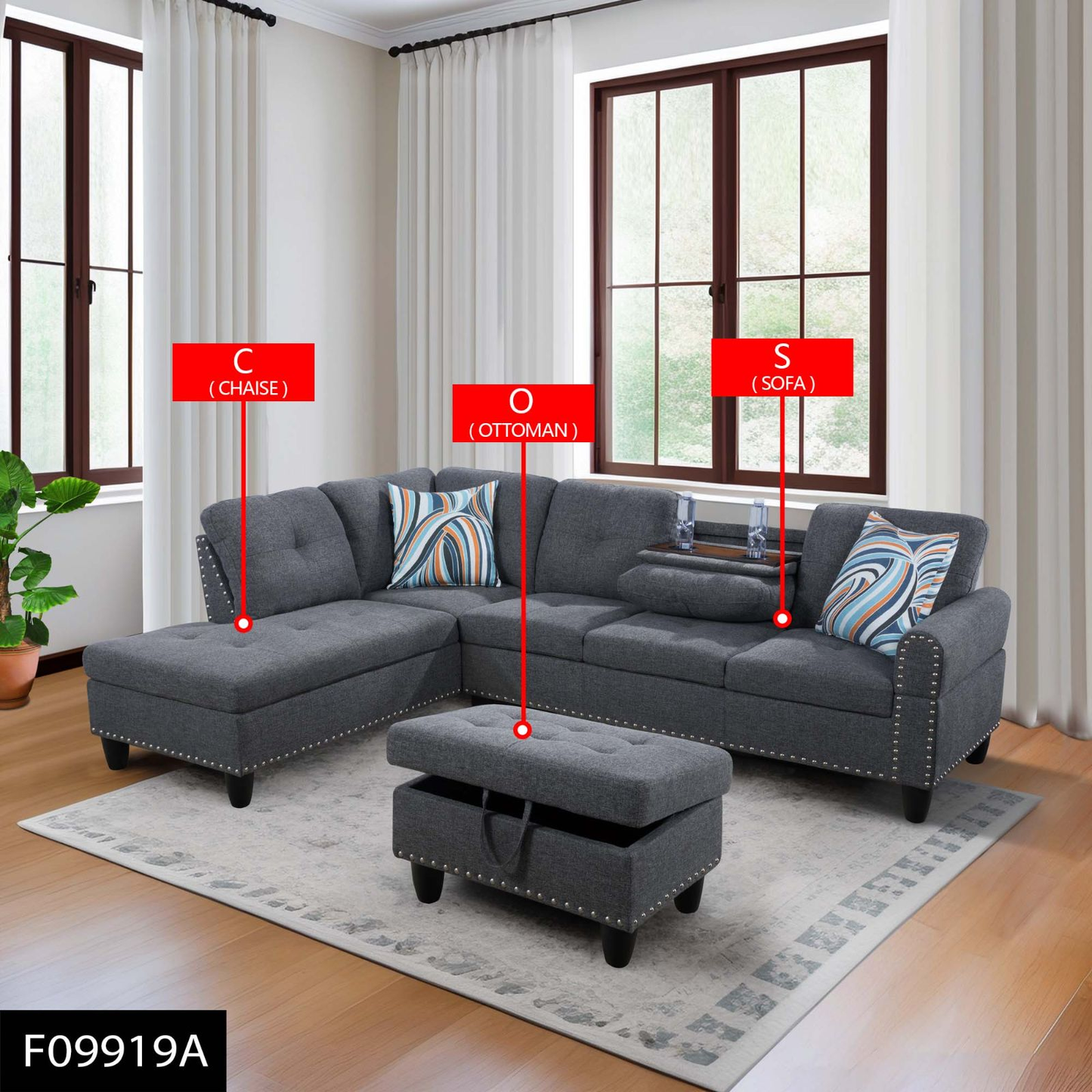 Grey Linen 3-Piece Sofa Set Living Room Sofa