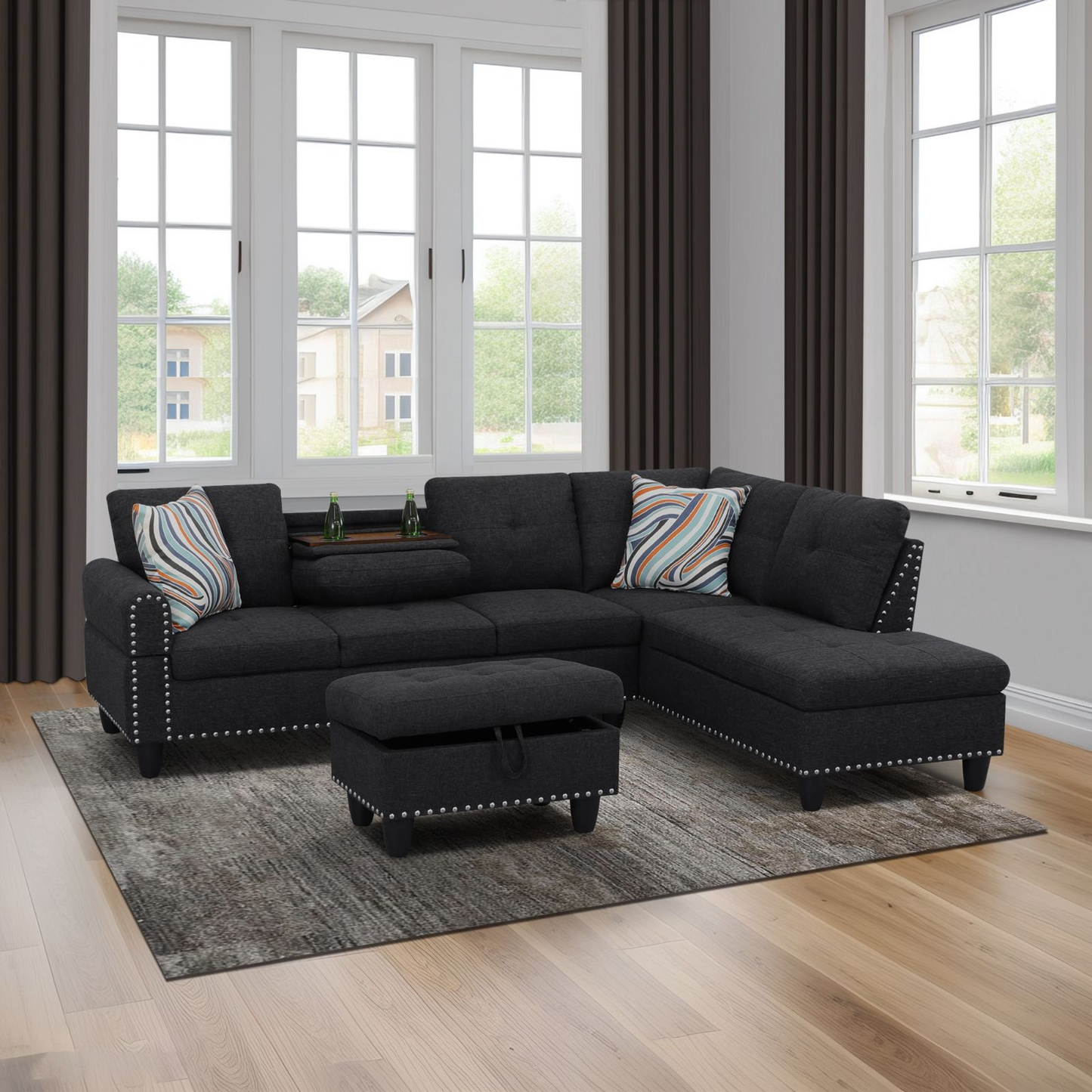 Black Grey Linen 3-Piece Sofa Living Room Sofa Set