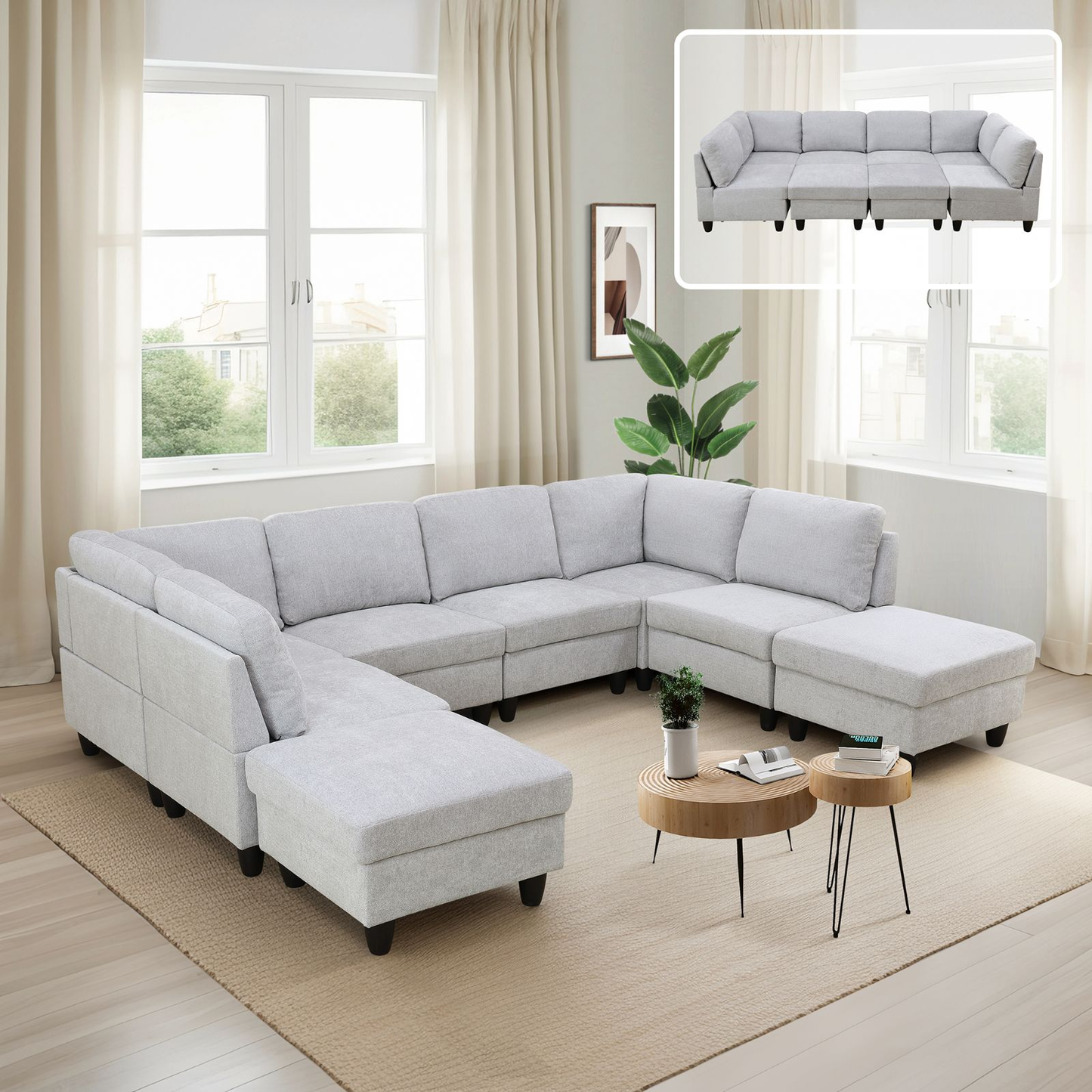 Grey White Flannel 8-Piece Living Room Sofa Set