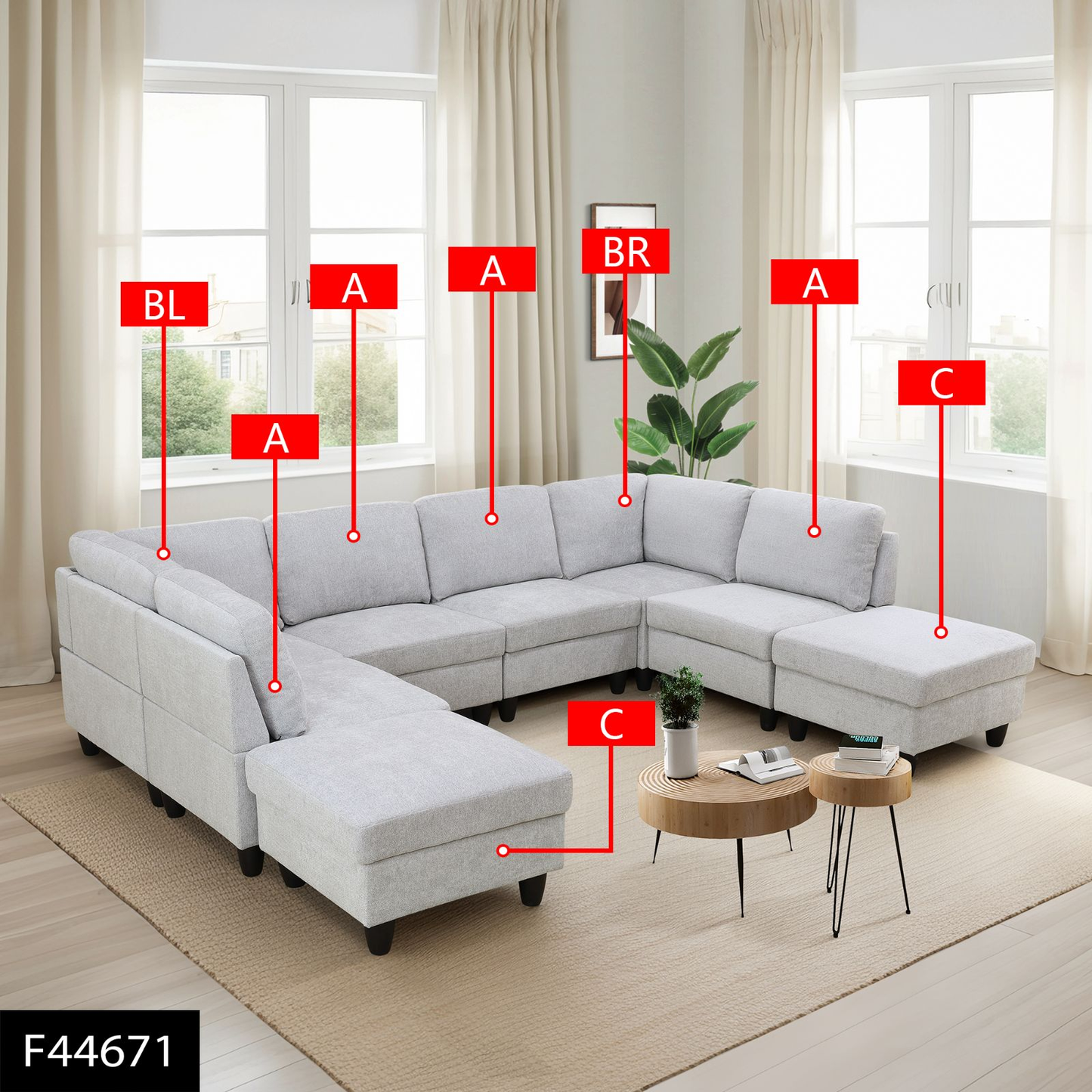 Grey White Flannel 8-Piece Living Room Sofa Set