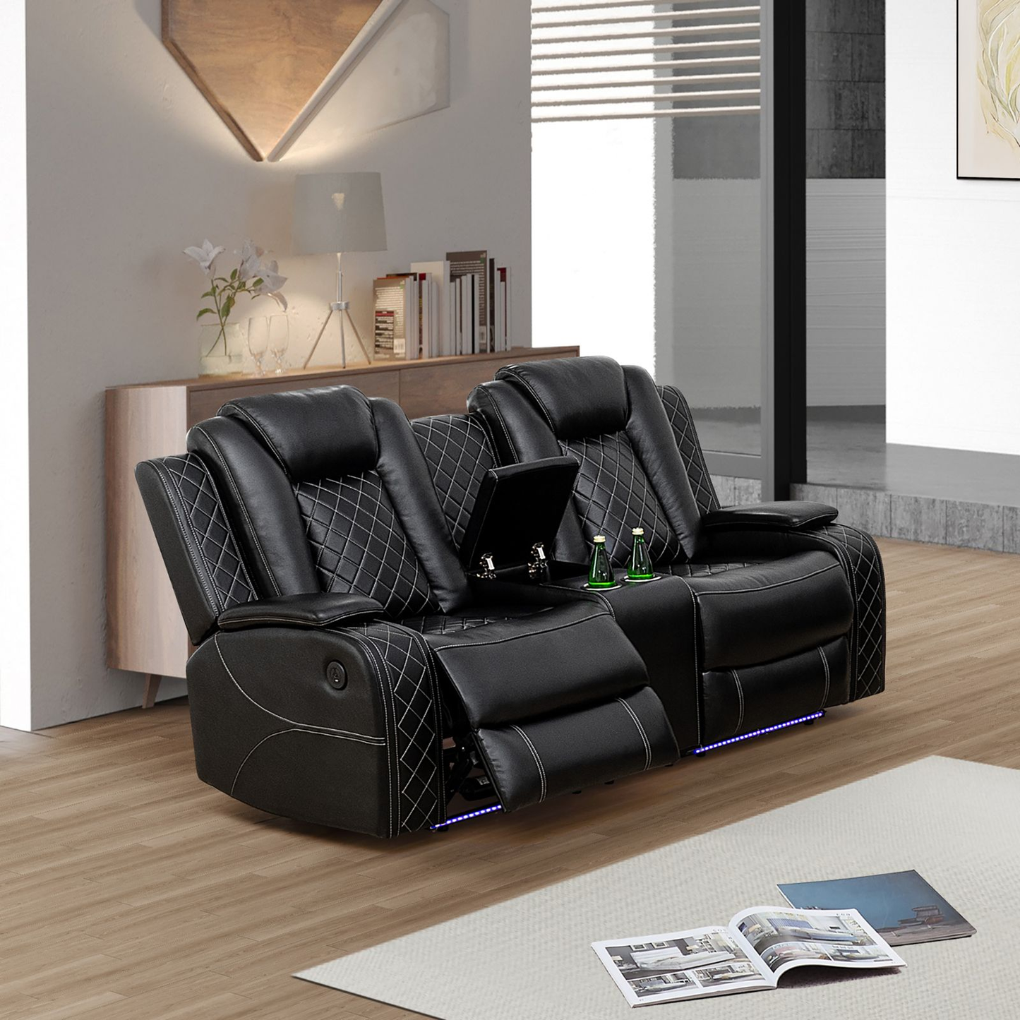 Black Breathing Leather 3-Piece Living Room Recliner Sofa Set