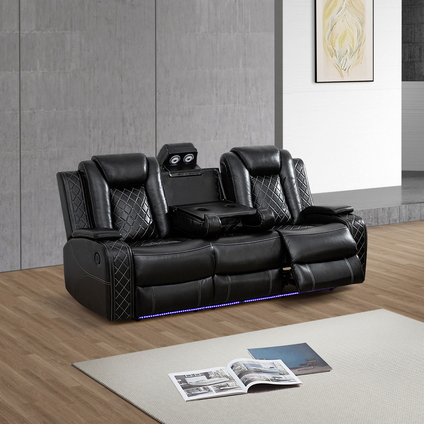 Black Breathing Leather 3-Piece Living Room Recliner Sofa Set