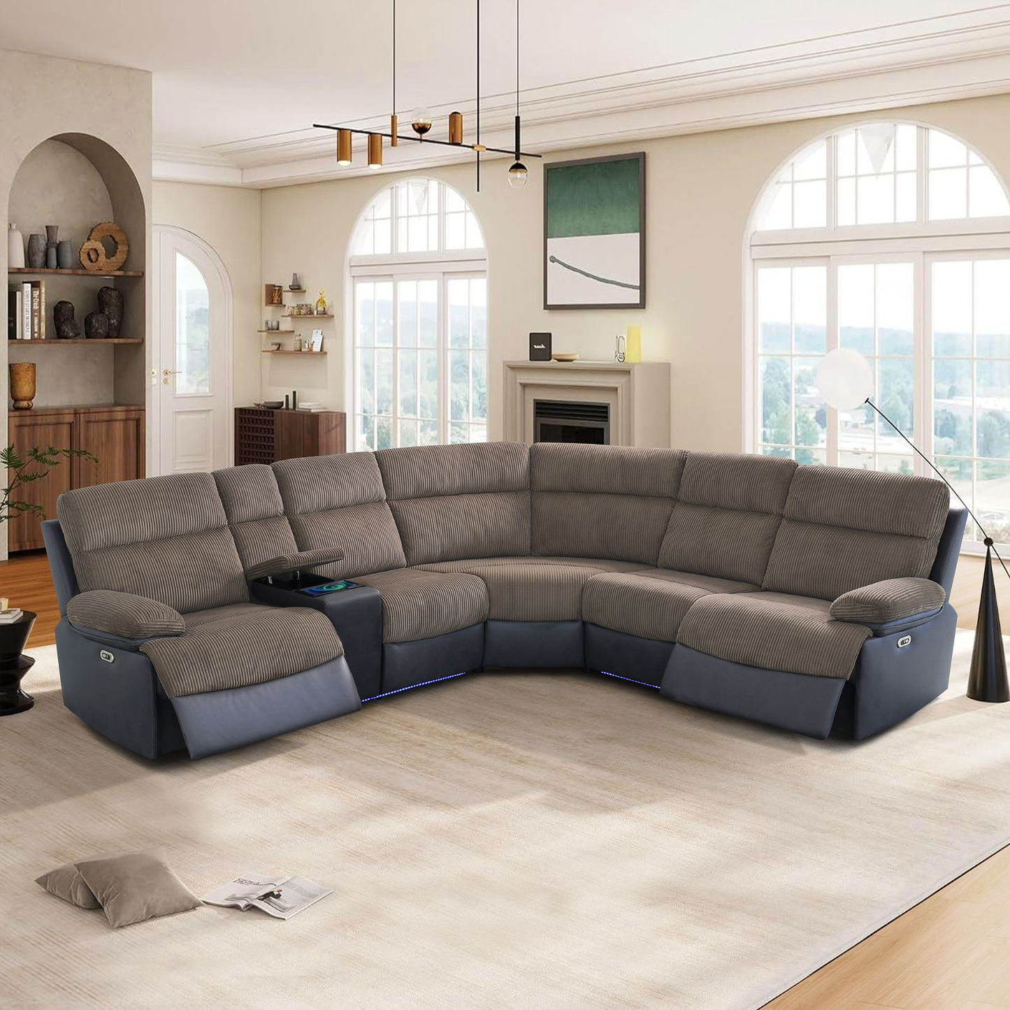 Brown Stripe Fabric & Black Technical Fabric Living Room 3-Piece Recliner Intelligent Sofa Set