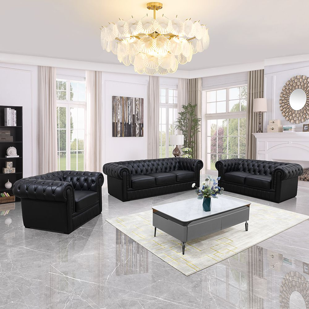 94.5 Black Cow Top Leather 3-Piece Living Room Sofa Set
