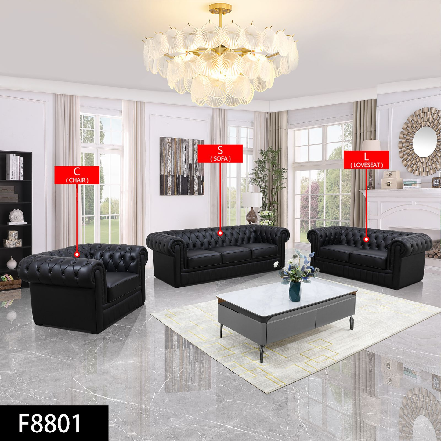 94.5 Black Cow Top Leather 3-Piece Living Room Sofa Set